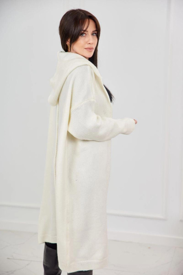 Dlouhý kardiganový svetr s kapucí model 24-34 barva ecru