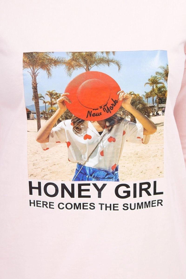 Šaty s letním motivem a nápisem Honey Girl pudrově růžové