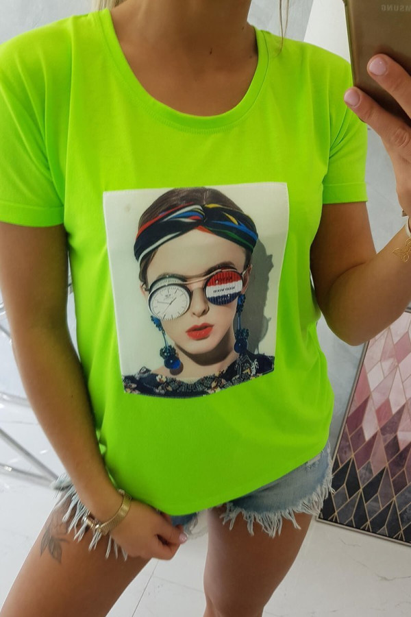 Tričko s potištěným motivem ženy v brýlích neonově zelené