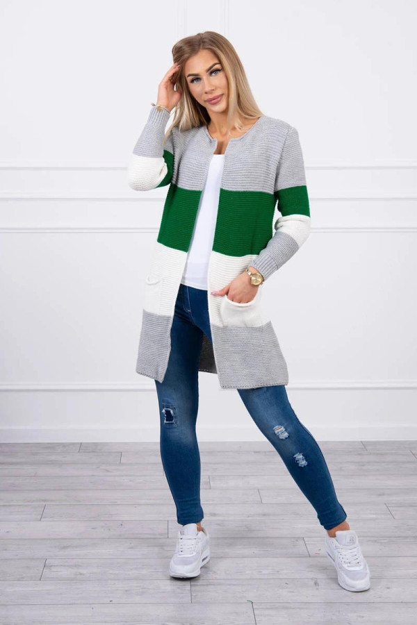Tříbarevný kardigánový svetr model 2019-12 šedý+zelený