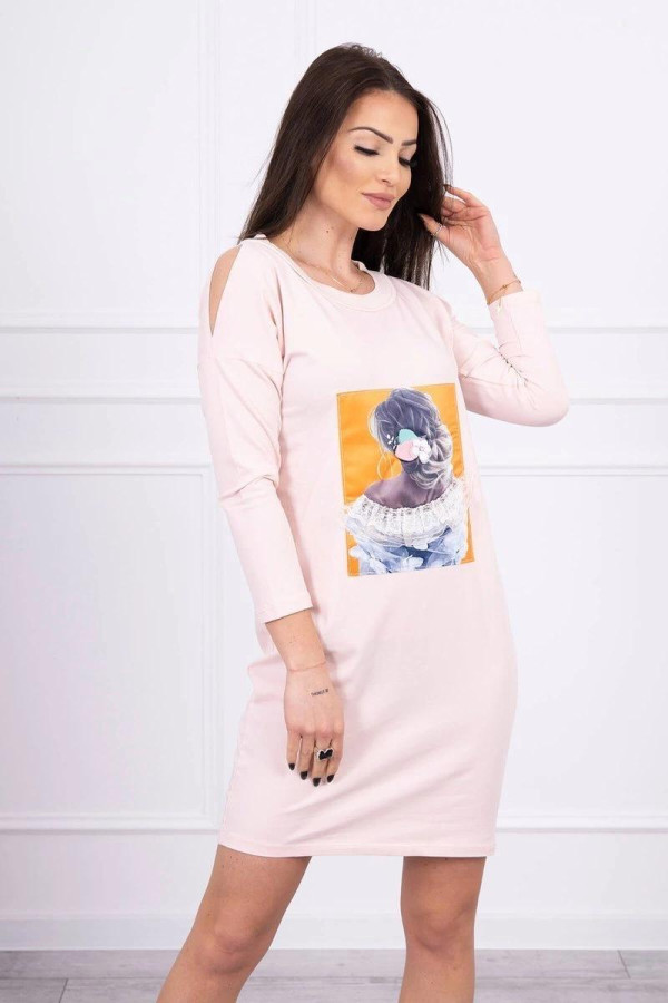 Šaty s 3D grafikou s krajkou a zirkony model 66829 pudrově růžové