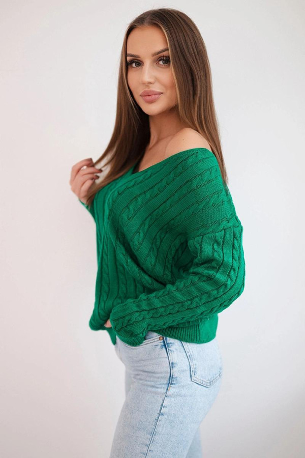 Úpletový svetr s copánkovým vzorem a véčkovým výstřihem zelený