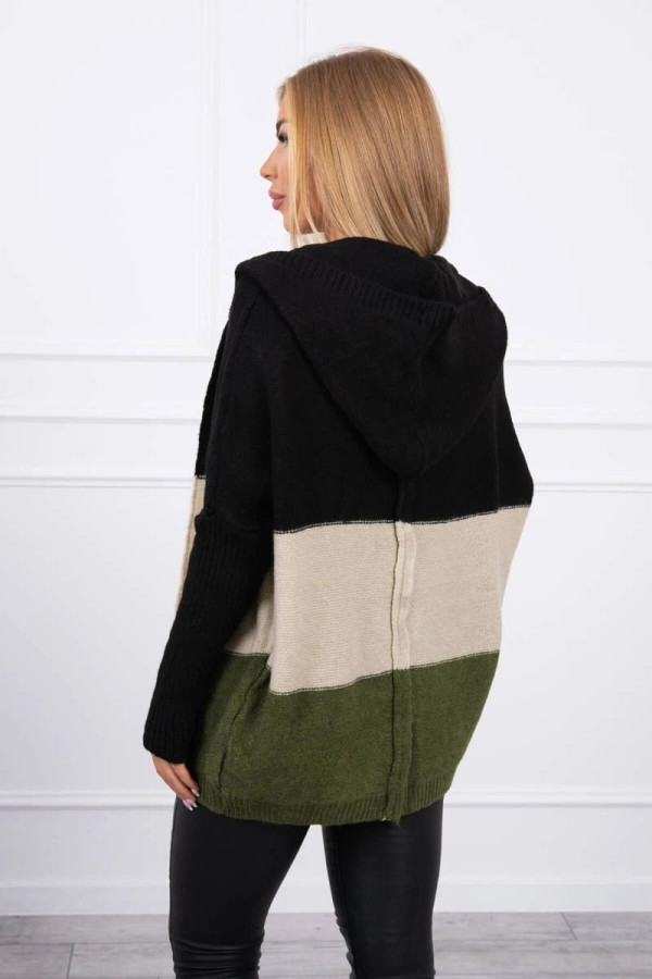 Tříbarevný svetr s kapucí a s netopýřími rukávy černý+béžový+khaki