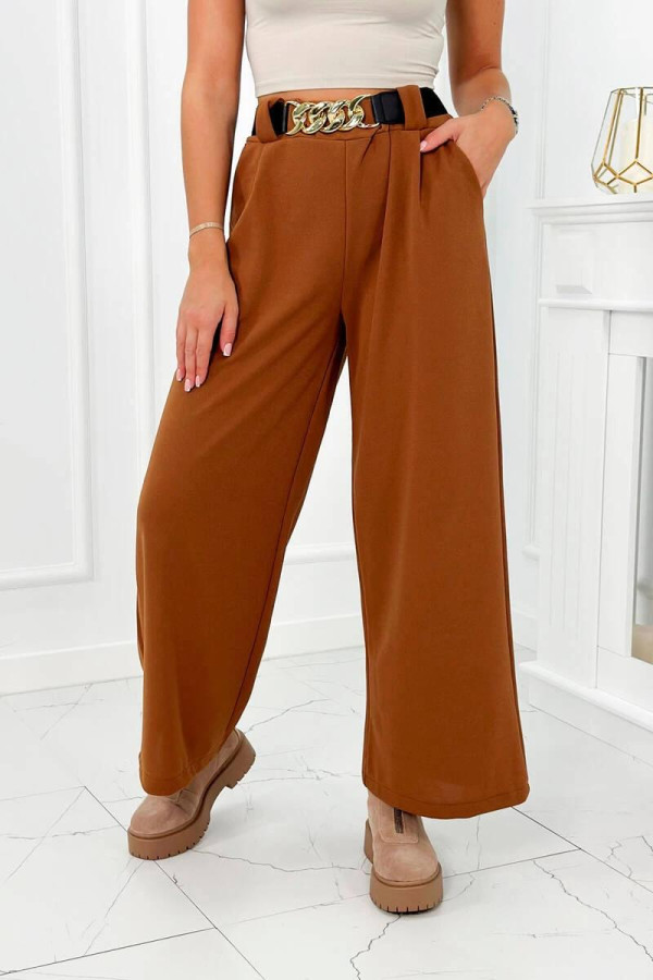Široké viskózové kalhoty s ozdobným páskem model 59100-28 barva camel