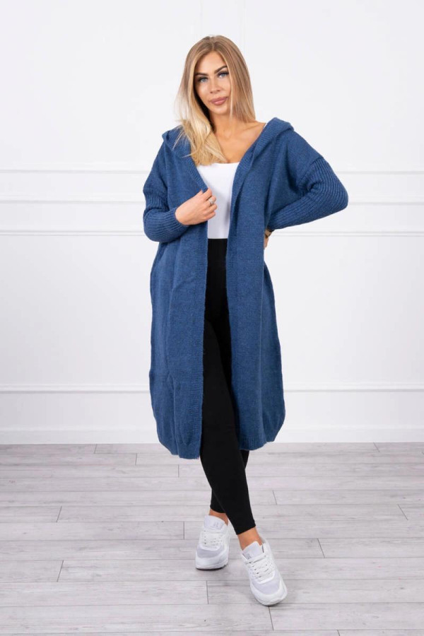 Kardigánový svetr s kapucí a netopýřími rukávy model 2020-14 barva džínová