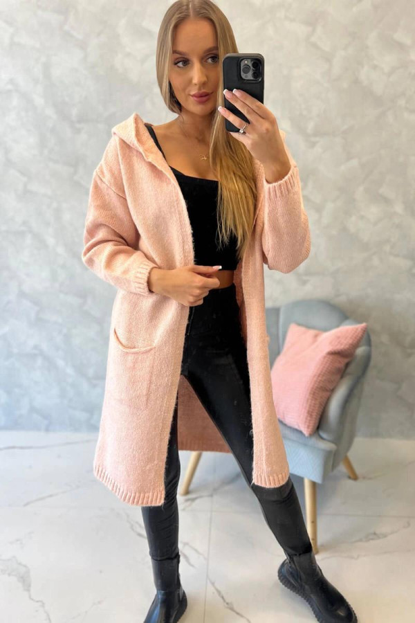 Kardigánový svetr s kapucí a kapsami model 2020-10 pudrově růžový