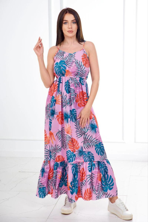 Dlouhé šaty na ramínka s motivem listů model 9282 barva lila