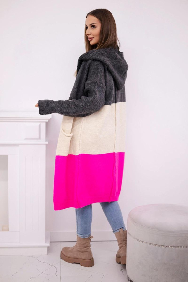 Dlouhý tříbarevný kardiganový svetr s kapucí model 24-35 grafitový+béžový+neonově růžový