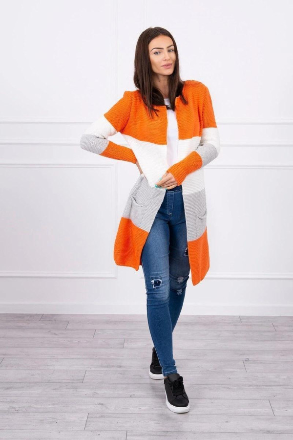 Tříbarevný kardigánový svetr model 2019-12 oranžový+ecru