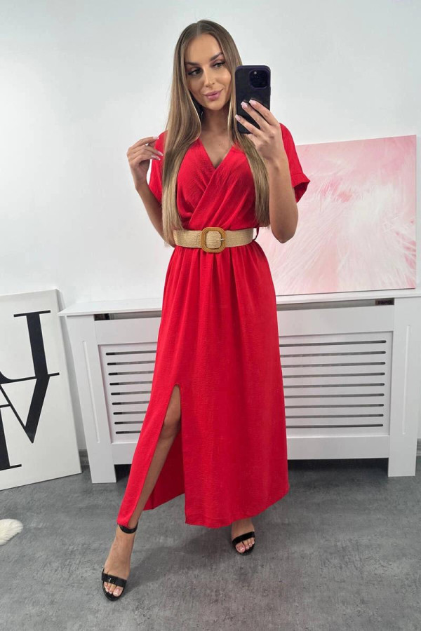 Dlouhé šaty s ozdobným páskem a rozparkem model 6012F červené