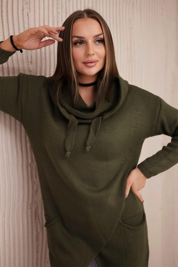 Prodloužený svetr v zavinovacím stylu s kapucí barva khaki