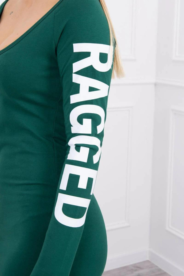 Šaty s nápisem RAGGED na rukávu a odhaleným dříkem tmavě zelené
