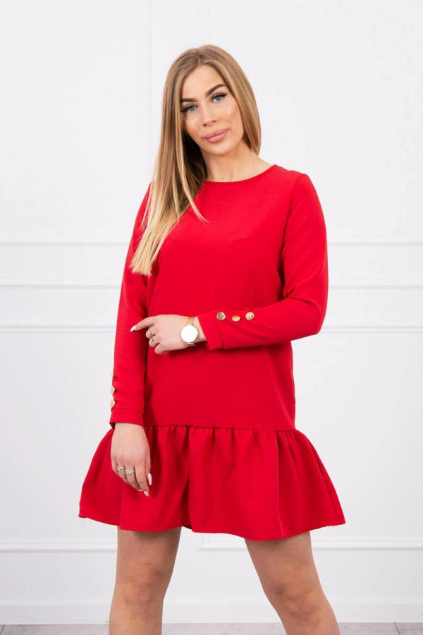 Šaty s volánovou sukní a knoflíky na rukávech červené