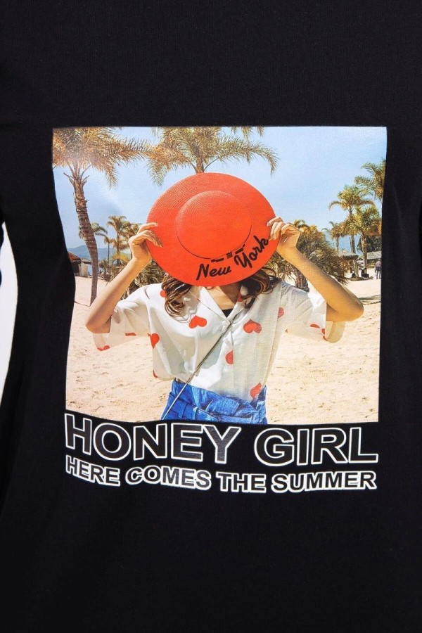 Šaty s letním motivem a nápisem Honey Girl černé