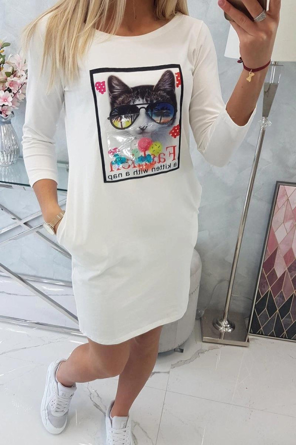 Šaty s našitým motivem kočky model 66815 barva ecru