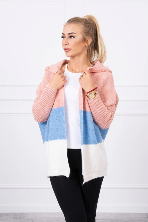 Tříbarevný svetr s kapucí a s netopýřími rukávy pudrově růžový+modrý+ecru