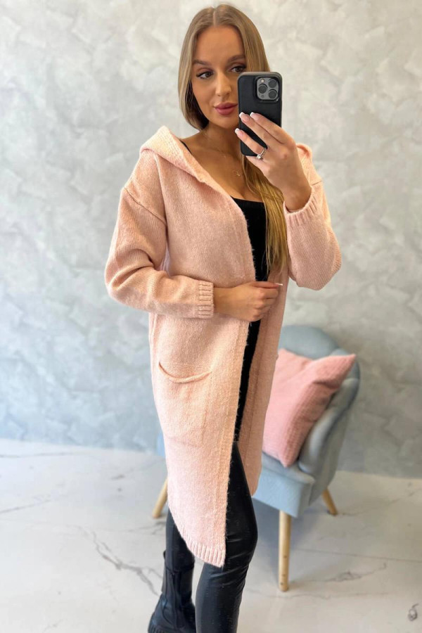 Kardigánový svetr s kapucí a kapsami model 2020-10 pudrově růžový