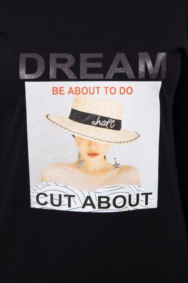 Šaty s grafikou ženy v klobouku a nápisem Dream černé