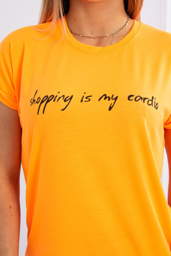 Tričko s nápisem Shopping is my cardio neonově oranžové