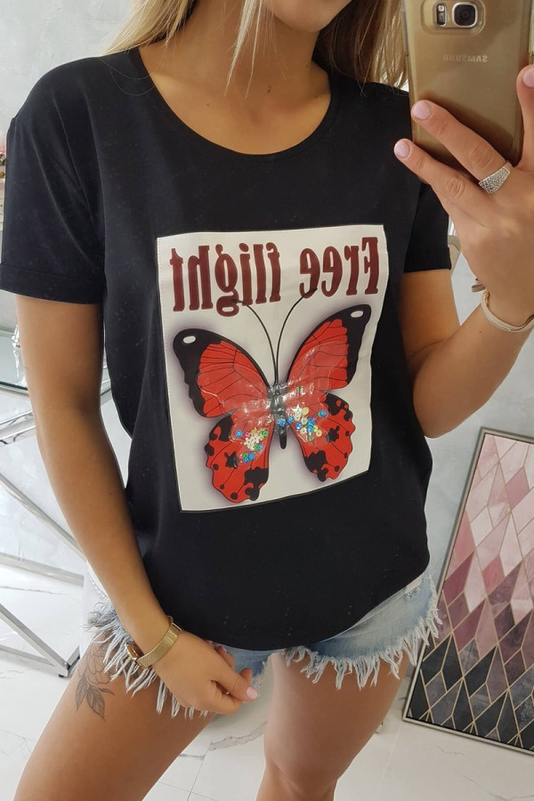 Tričko s potiskem motýla a nápisem Free Flight černé