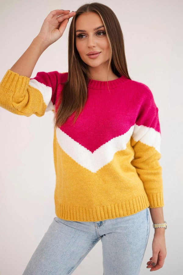 Dvoubarevný svetr s véčkovým vzorem model 2019-51 fuchsiová+hořčicový