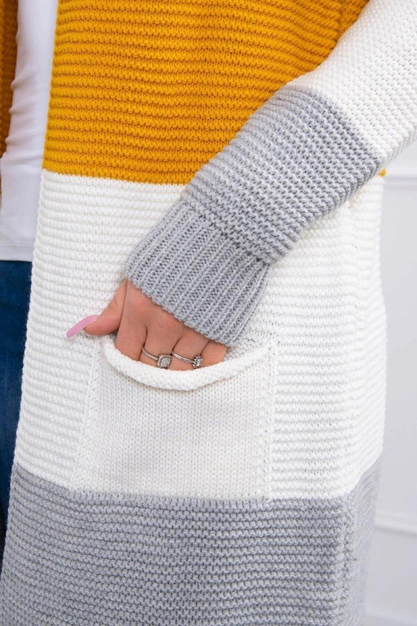 Tříbarevný kardigánový svetr model 2019-12 šedý+hořčicový