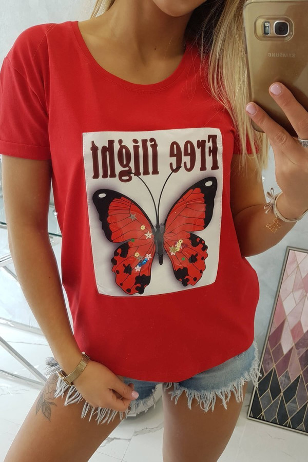 Tričko s potiskem motýla a nápisem Free Flight červené