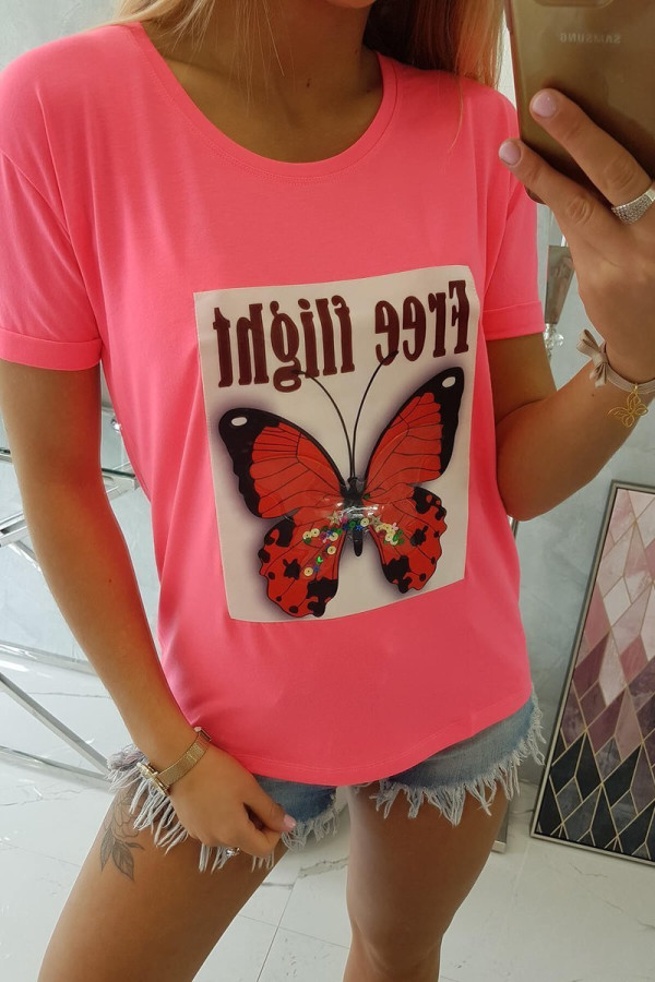 Tričko s potiskem motýla a nápisem Free Flight neonově růžové
