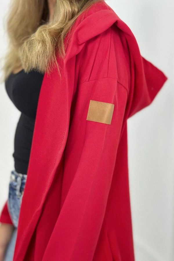 Dlouhý kardigan s kapucí a kapsami model 9077 červený